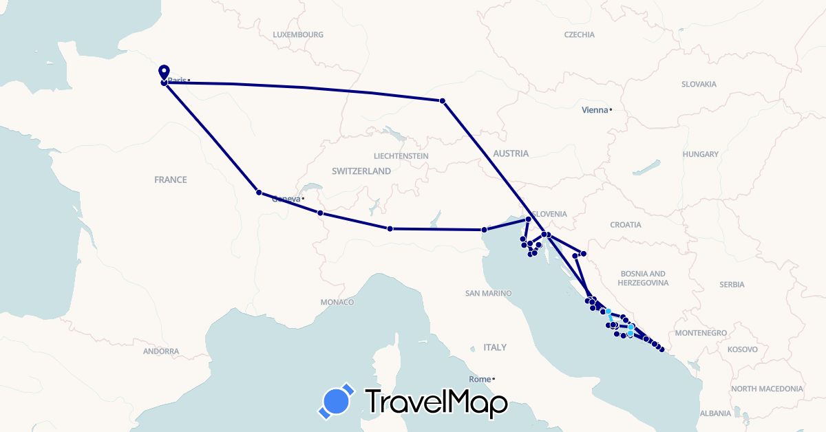 TravelMap itinerary: driving, boat in Germany, France, Croatia, Italy (Europe)